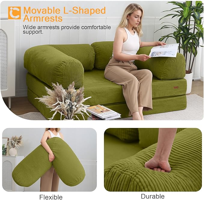 COMAX Folding Sofa Bed Queen, 4-in-1 Convertible Foldable Floor Couch Futon Sofa with Armrests, Sleeper Mattress Fold Out Chair Bed Comfy Portable Lounge Guest for Living Room Bedroom, Light Green