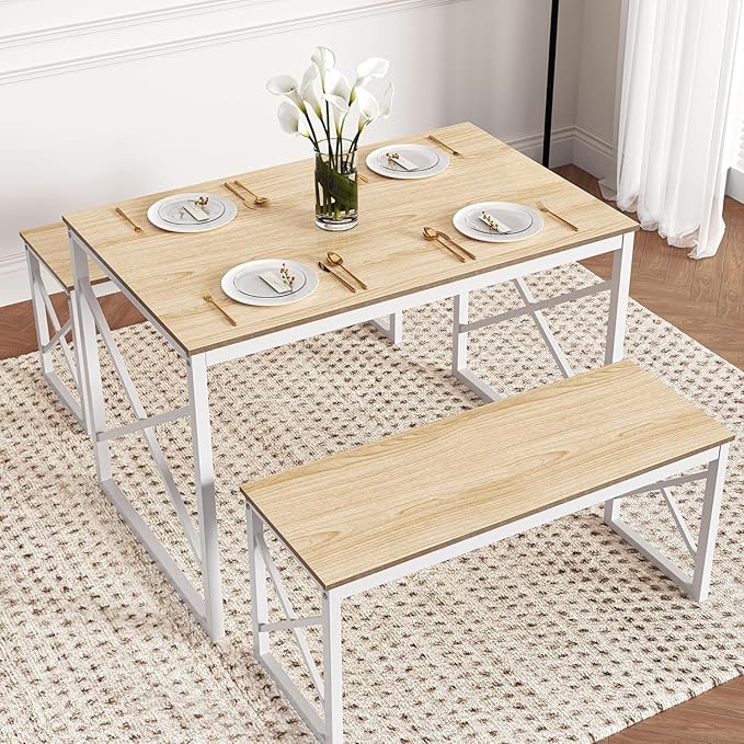 VECELO Kitchen Dining Table Benches Set for 4, 43.3" Wooden Dinette with 2 Benches, Heavy-Duty Dining Room Table for Small Space, Breakfast Nook, Natural Oak