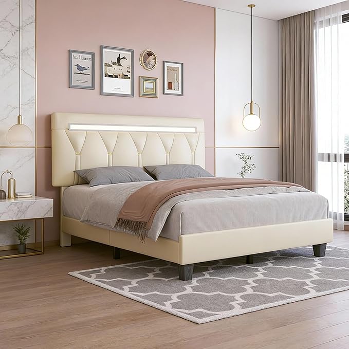 Queen Size Bed Frame with Bluetooth Speaker, LED Lights and Charging Station, Faux Leather Linen Fabric Adjustable Headboard,Modern Upholstered Bed, Wood Slat Support, Beige