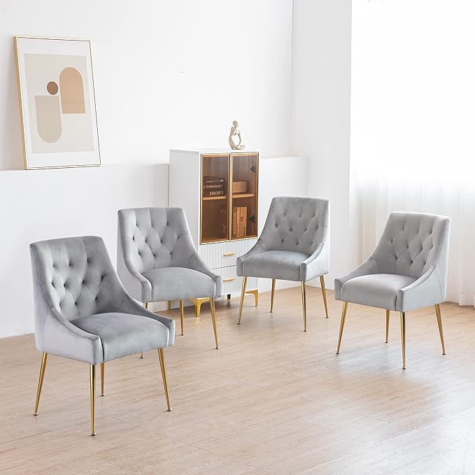 Modern Dining Chairs Set of 2, Mid Century Dining Chairs with 5.12” Cushions and Golden Legs, Velvet Upholstered Dining with Back Pull Rod, for Kitchen, Living Room, Grey