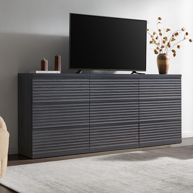 SICOTAS Buffet Cabinet with Storage, Modern Accent Sideboard Credenza with 3 Larger Drawers, Fluted Media Console Mid Century Coffee Bar Table for Living Room Kitchen, Dark Grey Alder (4 PCS)