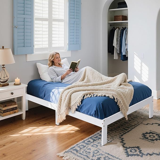 Hokway Wood Full Size Bed Frame- No Wobble,Noise-Free,Easy Assembly with Precise Holes,12 in Wood Slat Support,No Box Spring Needed,White