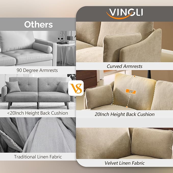 VINGLI 84" W Oversized Comfy Two Seat Love Seat, 37" Extra Deep Seat Piping Design Loveseat Couch with Two Pillows, Linen Fabric Modern Small Sofa for Small Living Room, Bedroom, Khaki