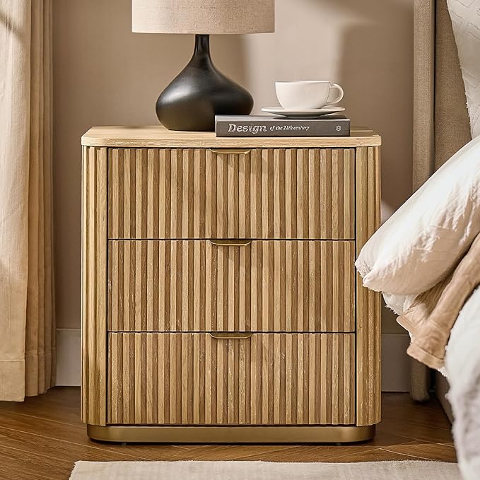 Fluted Nightstand with 3 Drawers, Modern End Table with Charging Station, USB Type-C Ports & Metal Frame for Bedroom,Natural