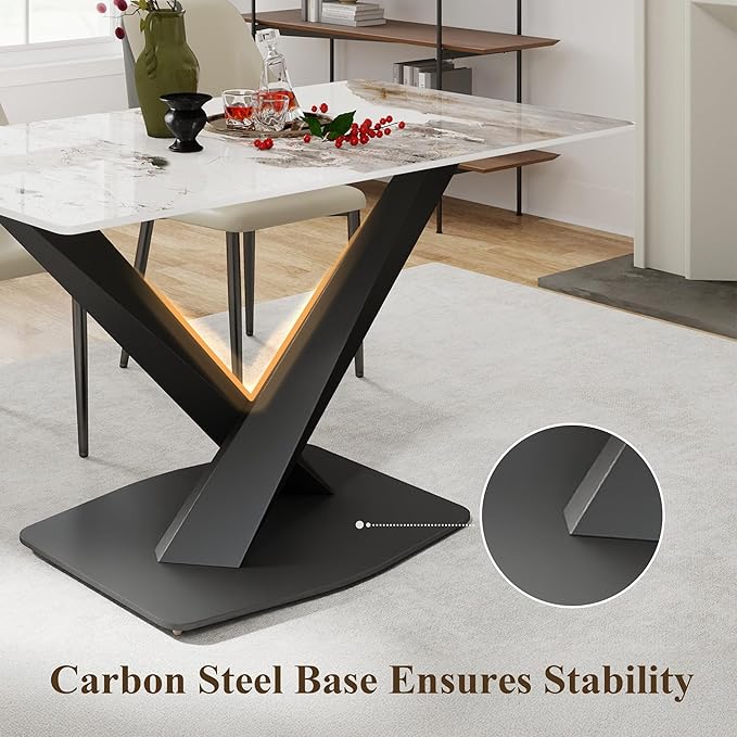 55" Modern Dining Table for 4-6 People, White Sintered Stone Table Top with X-Shape Carbon Steel Pedestal, Large Rectangular Table for Kitchen Living Room