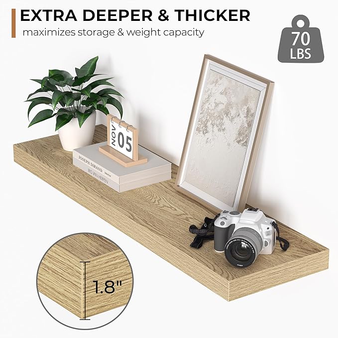 Fun Memories Floating Shelves - 10.3 Inch Deep Wall Shelf for Decor & Storage - Wall Mounted Display Shelving with Invisible Heavy-Duty Metal Bracket - 36"x 10.3"x1.8" 1Pack, Oak