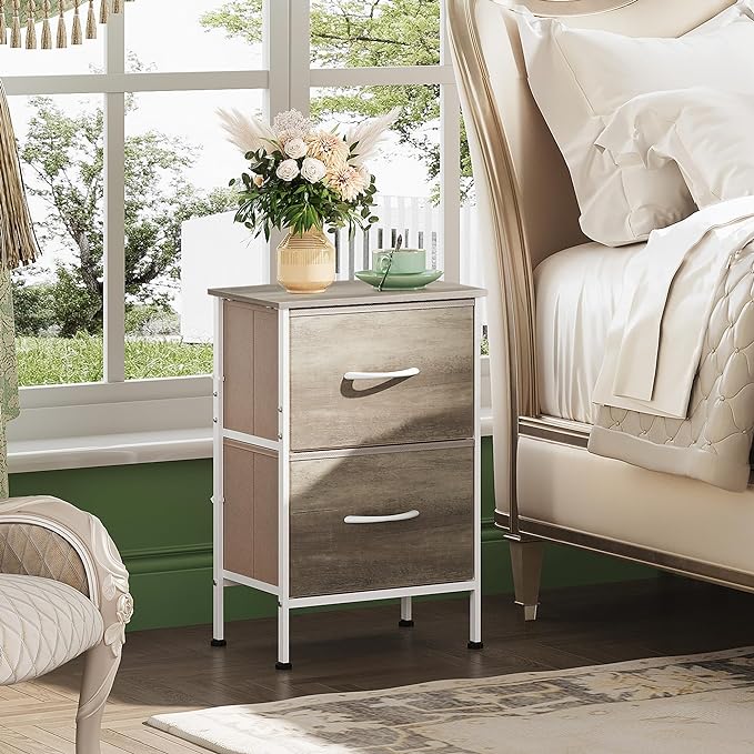 WLIVE Night Stand, Greige Nightstand with 2 Fabric Drawers, Small Dresser for Bedroom, Bedside Table End Table with Storage Drawer, College Dorm, Dormitory, Greige Oak, Size L