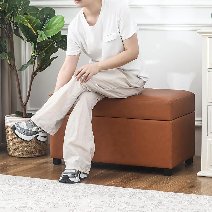 Joveco 32" Leather Storage Ottoman Bench, Rectangle Foot Rest Stool for Living Room, Bedroom, Entryway, Cognac Brown