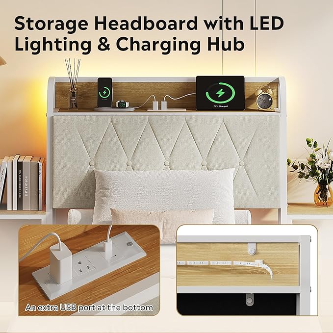 WLIVE Twin Size Upholstered Bed Frame with 2 Side Shelves, Linen Tufted Storage Headboard with Charging Ports and LED Light, Metal Solid and Stable, No Box Spring Needed, Easy Assembly, Beige