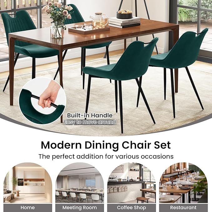 Giantex Dining Chairs Set of 4, Soft Velvet Upholstered Kitchen Dining Room Chairs w/Handle, Metal Legs, Curved Back, Modern Armless Accent Side Chair for Living Room, Restaurant (Velvet Green)