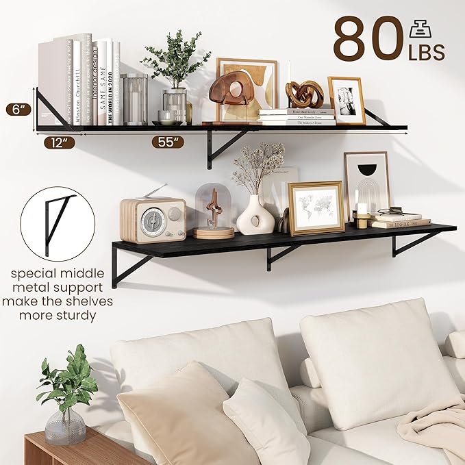 Fun Memories Floating Shelves for Wall, 12 Inch Deep Floating Shelves Set of 2, 55W x 12D Large Wall Shelf with Sturdy Metal Brackets for Living Room, Bathroom, Bedroom and Kitchen, Black