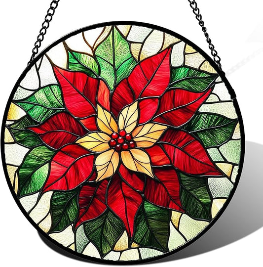 Stained Glass Window Hanging - Red Poinsettia Birth Flower Sun Catcher for Door Garden Home Decor Suncatcher Christmas Mother's Day Birthday Gifts for Women Men Mom Girl Nana Friend 9.8 in