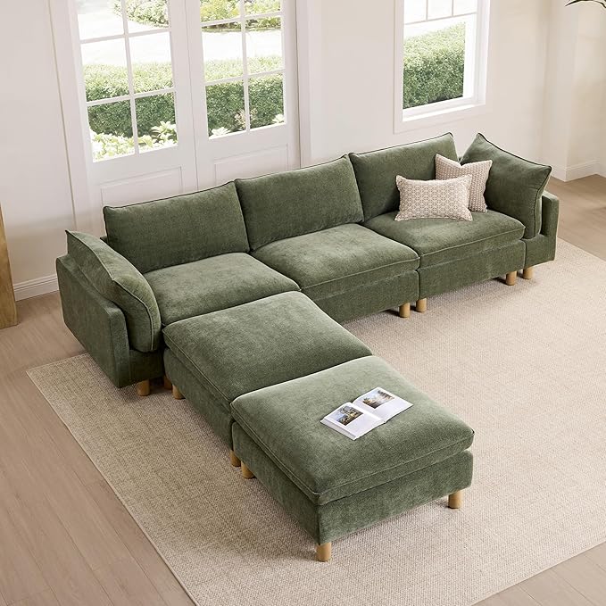 CHITA 127" Super Large Sectional Couches for Living Room, Modular Cloud Couch Sectional Sofa, Premium Fabric Couches, Down Filled, High Density Foam, Chenille in Green, 5 Seat U Shaped