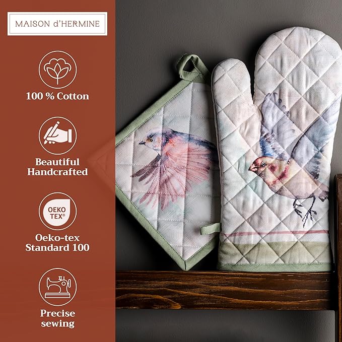 Maison d' Hermine 100% Cotton Oven Mitt & Pot Holder Set (7.5"x13" & 8"x8") Heat Resistant BBQ Cooking Gloves with Loop, Baking, Grilling, Kitchen, Handling Hot Pans Spring/Summer (Flying Birds)