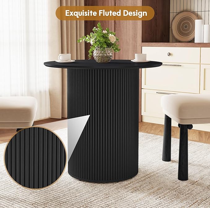 AVZEAR 31.5" Round Dining Table for 2 People, Small Kitchen Dinner Table with Fluted Wood Base, Farmhouse Circle Dining Tables for Home, Kitchen, Dining Room, Living Room (Black)