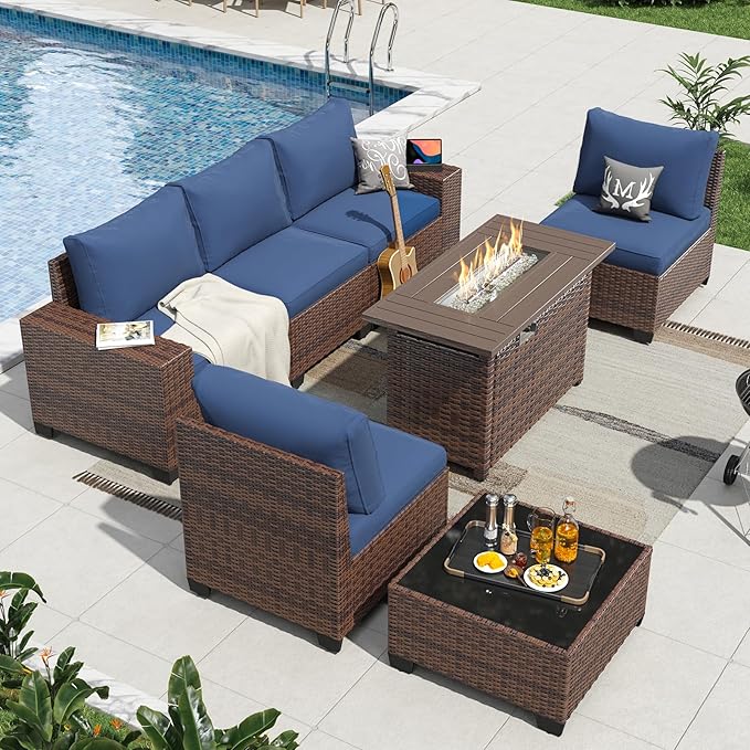 Aoxun 7 Pieces Patio Furniture Set with 44” Fire Pit Table Wicker Rattan Outdoor Sectional Conversation Set with Coffee Table and 4” Thickened Cushions, Blue(Waterproof Cover Included)