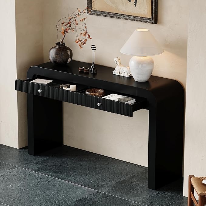Merax Rustic Console Table with Fluted Drawer Front, Entryway Table with Curved Corners & Thick Legs, Sturdy Sofa Table for Hallway & Living Room, Black