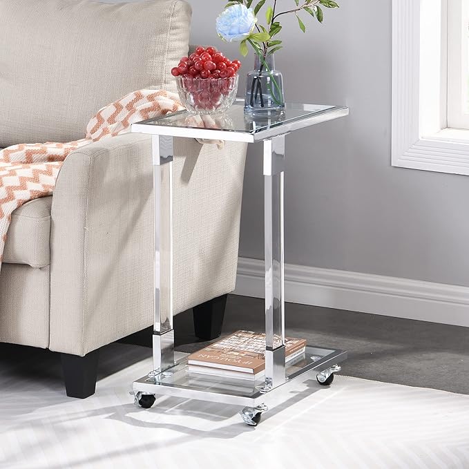 Goujxcy Clear Sofa Side Table C Shaped End Table with Wheels, Rolling Acrylic Bedside Laptop Snack Table TV Tray, Mobile Breakfast Tray Table with Tempered Glass Shelves and Clear Acrylic Frame