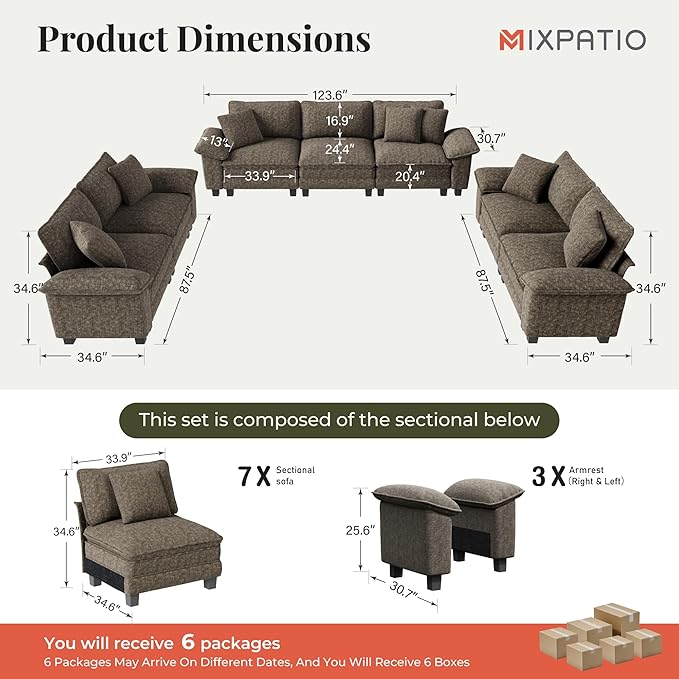 U-Shaped Cloud Modular Sofa Set, Deep Seat 3-Piece 7-Seater Sectional Couch & Removable Arms, Plush Chenille for Living Room - Smoky Gray
