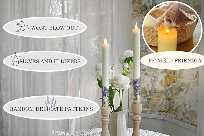 Flameless Taper Candles Flickering with Remote and Timer, 3D Moving Flame Taper Candle Battery Operated to 400 Hours, 9 Inch Window Candles, (Lilac)