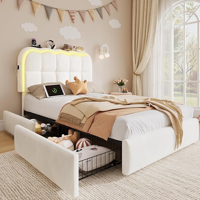 Twin Bed Frame with Storage Drawers and Headborad, Upholstered LED Twin Size Platform Bed Frame for Kids – Sturdy Metal Bed Frame Twin with Wood Slats Support, No Box Spring Needed,White