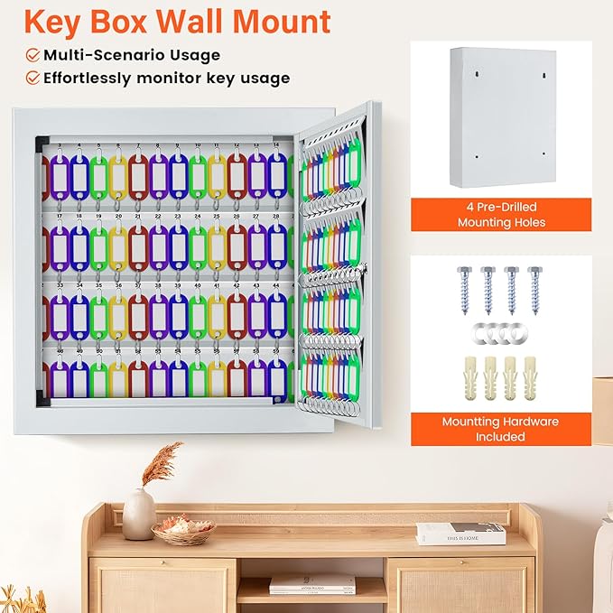 100 Keys White Key Cabinet, Anti-Theft Key Lock Box with Key Tags, Adjustable Key Organizer Wall Safe for Car Office House Garage Rental Business