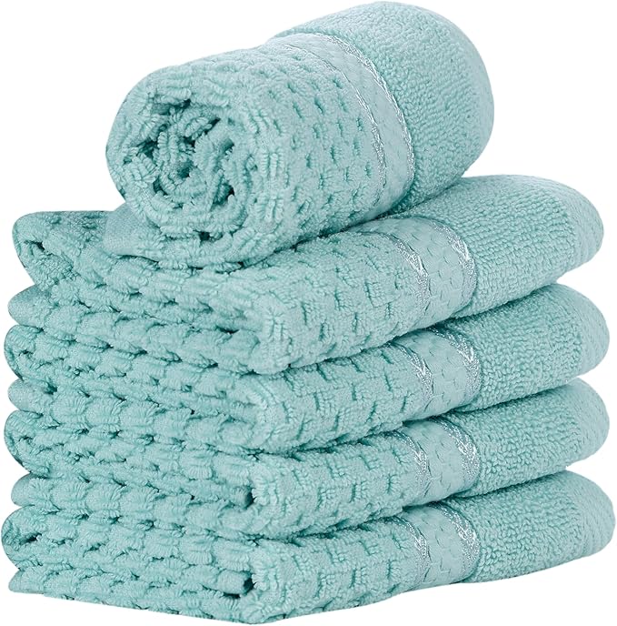 Ample Decor Mint Green Wash Cloth Set of 5 100% Cotton - Quick Dry, Highly Absorbent, Popcorn Textured - Mulaayam Collection - 12 X 12 Inch