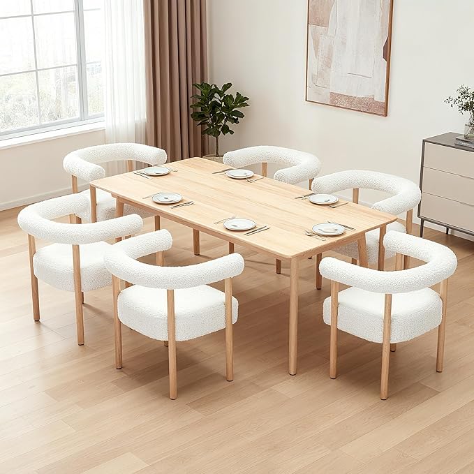 White Boucle Dining Chairs Set of 6, Modern Upholstered Dining Chairs, Curved Backrest Kitchen Dining Room Chairs Accent Chairs Arm Chairs with Natural Wood Legs