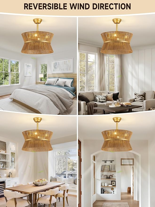 Boho Fandelier Ceiling Fan with Light and Remote Rattan Chandelier Fan Gold Caged Ceiling Fan with Light for Bedroom, Living Room Nursery Foyer Kitchen（6 Speed, Timing Adjustable Height）