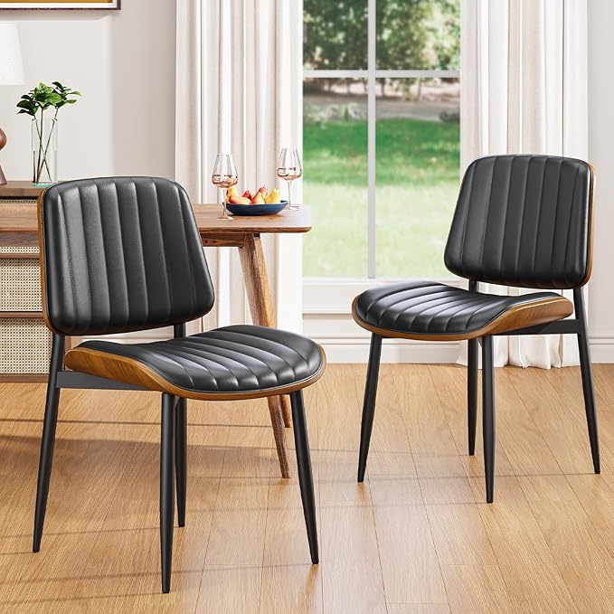 Dining Chairs Set of 2, FSC Certified Mid Century Modern Dining Room Kitchen Chairs, Upholstered PU Leather Vertical Stripe Chairs for Vanity with Walnut Bentwood and Metal Legs, Black