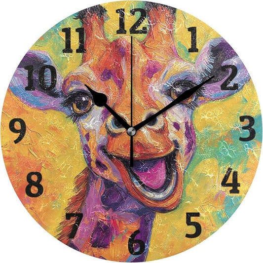 Wall Clock Colourful Giraffe Oil Painting Silent Non Ticking Wall Clock Decorative Battery Operated Wall Clocks for Home Kitchen Bedroom Living Room Office