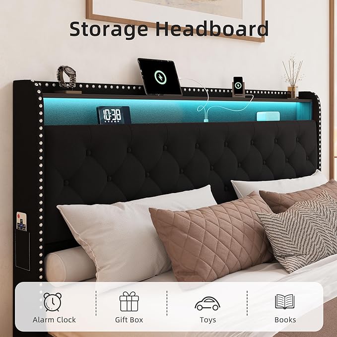 BRELTAM King Size Bed Frame with 4 Storage Drawers Upholstered Velvet Bed Frame with LED and Charging Station,Platform Bed Frame with Headboard Heavy Duty Wood Slats,Noise Free,Easy Assembly,Black