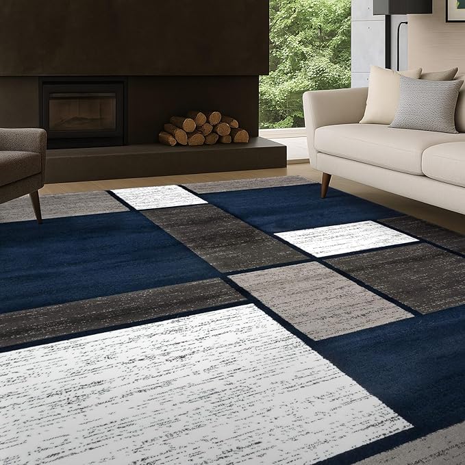 Rugshop Modern Geometric Boxes Navy Area Rug, Fade-Resistant Carpet for Bedroom, Living Room, or Study, 6'6" x 9'