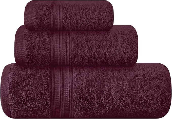 BOUTIQUO Ultra Soft 3 Pack Cotton Towel Set, Contains a Bath Towels 27x54 inch, a Hand Towels 16x24 inch & a Wash Coths 12x12 inch, Ideal Everyday use, Compact & Lightweight - Burgundy