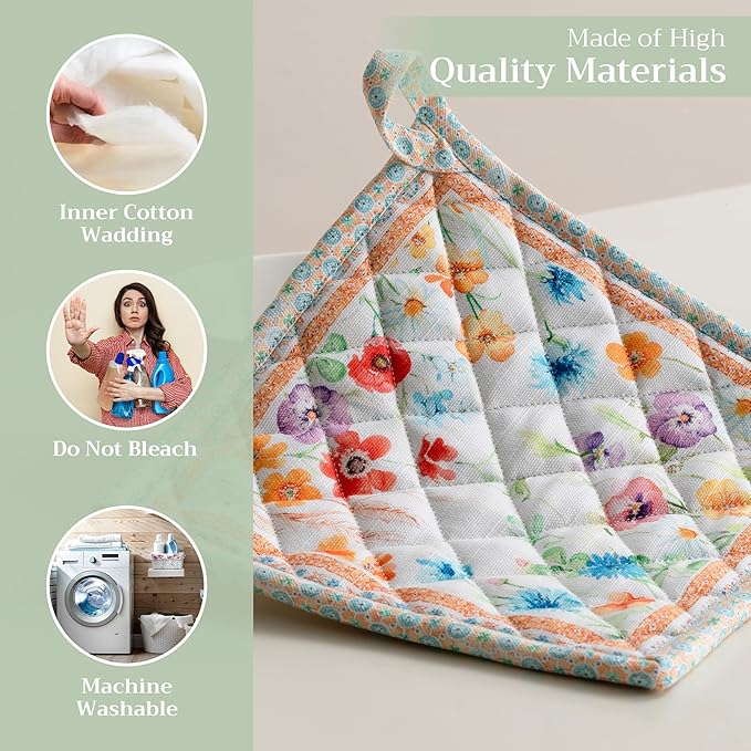 Maison d' Hermine Pot Holders Set 100% Cotton Heat Resistant Potholders 8" x 8" Hot Pads with Loop BBQ, Cooking, Baking, Grilling, Kitchen, Handling Hot Pans Spring/Summer (Pack of 2, Summer Whisper)