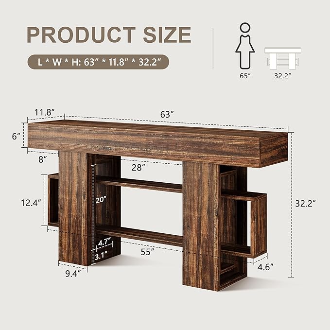 Feonase 63 Inches Long Console Table for Entryway, Wooden Sofa Table Behind Couch with 3-Tier Storage, Farmhouse Narrow Entry Hallway Table for Living Room Foyer Entrance, Rustic Brown