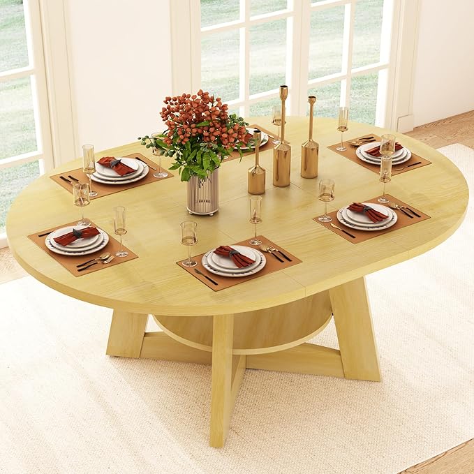 47"-63" Extendable Dining Table for 4 5 6 People,63" Farmhouse Round Extending Dining Table w/Removable Leaves Space Saving,Wooden Adjustable Tables for Kitchen Office Living Room Natural