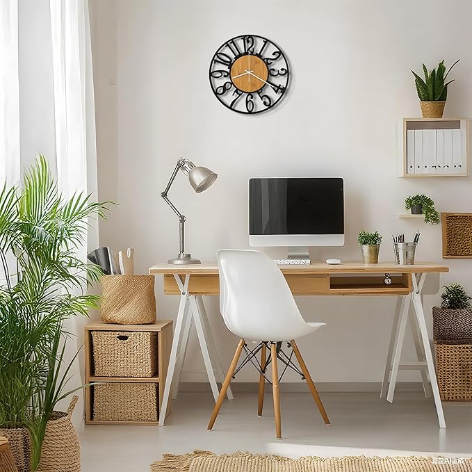 Maxstar Wall Clock Battery Operated,Silent Non-Ticking Modern Rustic Metal Round Clocks Small for Living Room/Bedroom/Office/Kitchen/Farmhouse Home Decor-14 Inch(Yellow-Wood)