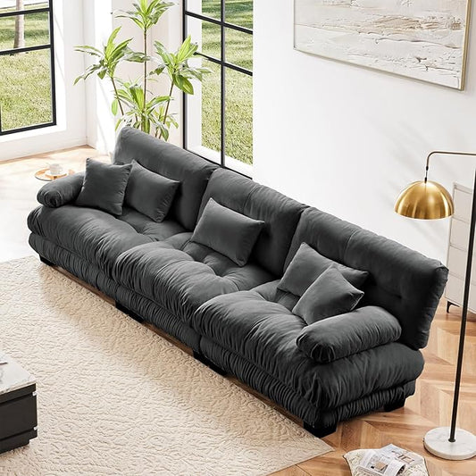 133.8" Oversized Couch, 3 Seater Modular Sectional Sofa, Grey Large Sectional Fluffy Couch Set, Chenille Cloud Couch with 5 Pillows, Deep Seat Sofas for Living Room