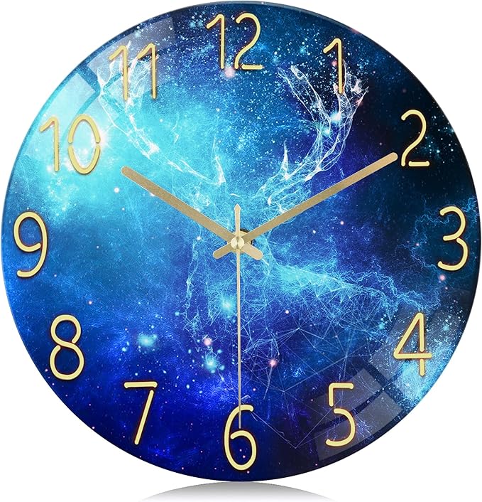 Lafocuse 12 Inch Blue Wall Clock Silent Non Ticking, Galaxy Glass Clocks Battery Operated for Living Room Bedroom Kitchen Decor, Deer Pattern