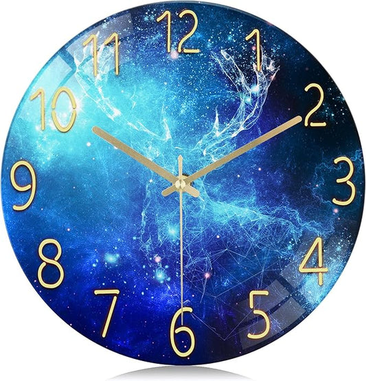 Lafocuse 12 Inch Blue Wall Clock Silent Non Ticking, Galaxy Glass Clocks Battery Operated for Living Room Bedroom Kitchen Decor, Deer Pattern