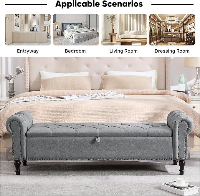 67 Inch Storage Bench for Bedroom, Linen End of Bed Bench, King Size Bench with Rolled Arms, Upholstered Tufted Button Storage Ottoman, Living Room, Entryway, Light Grey