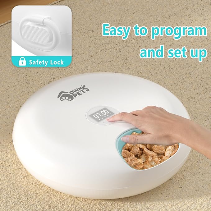 Ownpets 6 Meals Automatic Cat Feeder for Wet/Dry Food, with 2 Ice Packs, Programmable Timed Pet Feeder, Cordless Rechargeable Battery Auto Feeder for Cats/Small Dogs