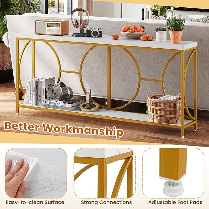 GOFLAME 71” Extra Long Console Table, 2-Tier Faux Marble Entryway Table with Storage Shelf, Geometric Metal Frame, Modern Gold Accent Table, Narrow Sofa Table for Living Room, Hallway
