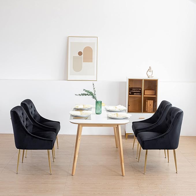 Modern Dining Chairs Set of 2, Mid Century Dining Chairs with 5.12” Cushions and Golden Legs, Velvet Upholstered Chairs with Back Pull Rod, for Kitchen, Living Room (Black)