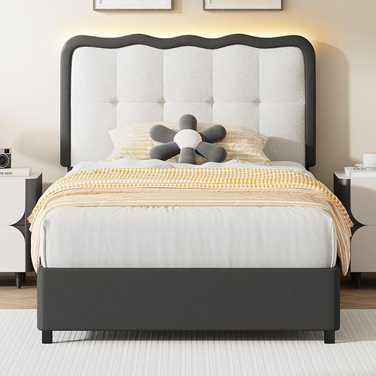 BarnFurin Twin Bed Frame with LED Lights, Twin Size Bed Frame with Cloud Headboard LED Lights, Upholstered Platform Bed with Cloud Headboard, No Box Spring Required, Easy Assembly, Black