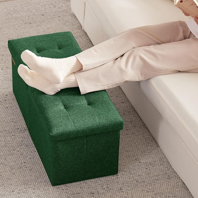 HAUSFRAU 31.5 Inches Ottoman with Storage Bench, Folding Ottoman Bench Small Foot Rest Stool, Bedroom Bench with Flipping Lid, Linen Green