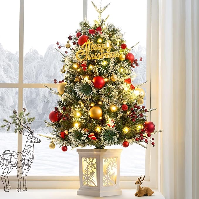 Small 3FT Pre-Lit Snow Flocked Christmas Tree with Twinkling Lights for Home Office Christmas Decor- Battery Operated & Timer (Snowflake Base)