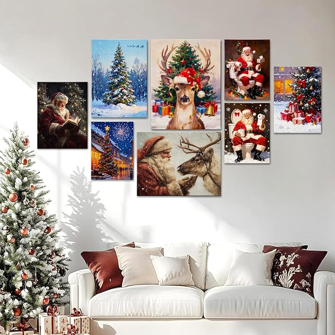 Vintage Santa Claus Reading Canvas Wall Art - Rustic Framed Christmas Canvas Prints for Living Room, Cozy Winter Wall Decor, Ideal Christmas Gifts & Festive Decorations