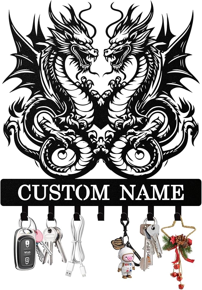 Personalized Dragon Key Holder Wall Mount, Custom Metal Keys Hanger for Wall with Name, Custom Key Rack Holder with Hooks for Home, Entryway, Front Door, Living Room, Kitchen, Bathroom